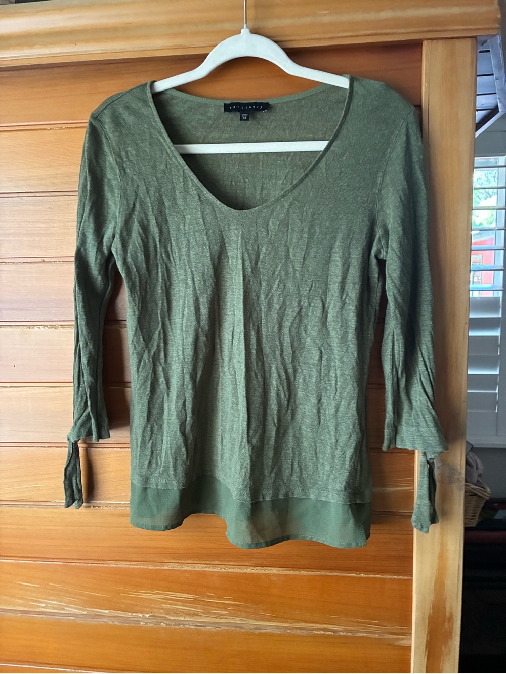 Sanctuary Linen Tunic Top - Olive Green V-Neck Tie-Sleeve Tunic